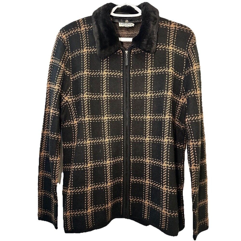 Vintage 90s Kasper ASL Petite Sweater Jacket Zip Cardigan Plaid Faux Fur Collar